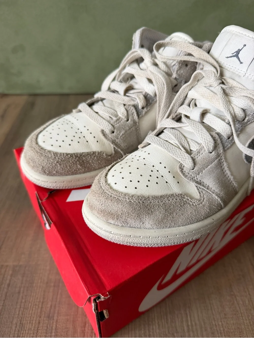 Nike Kids' Air Jordan 1 Mid White and suede Gray Sneakers
